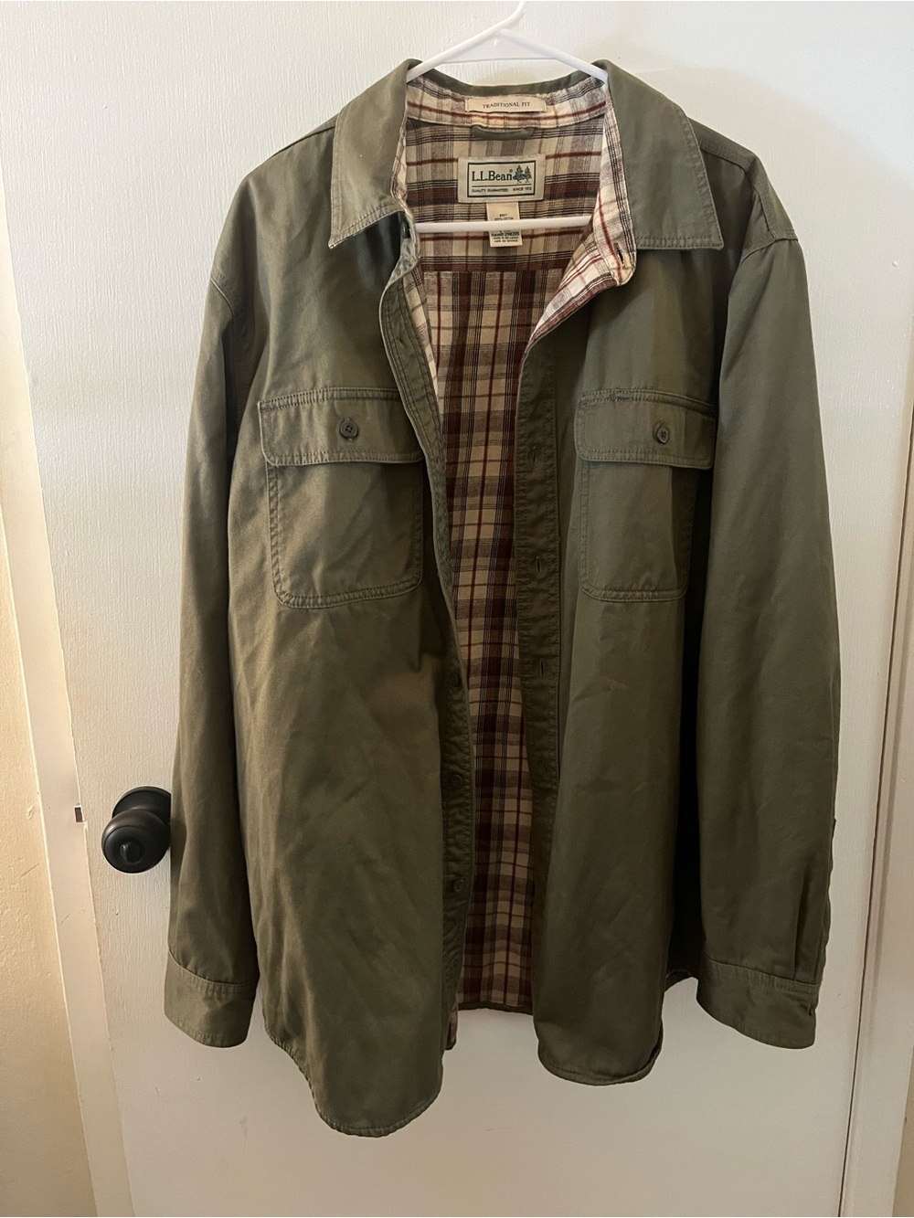 LL Bean Mens Flannel Lined Chore Jacket Olive Green Traditional Fit Canvas